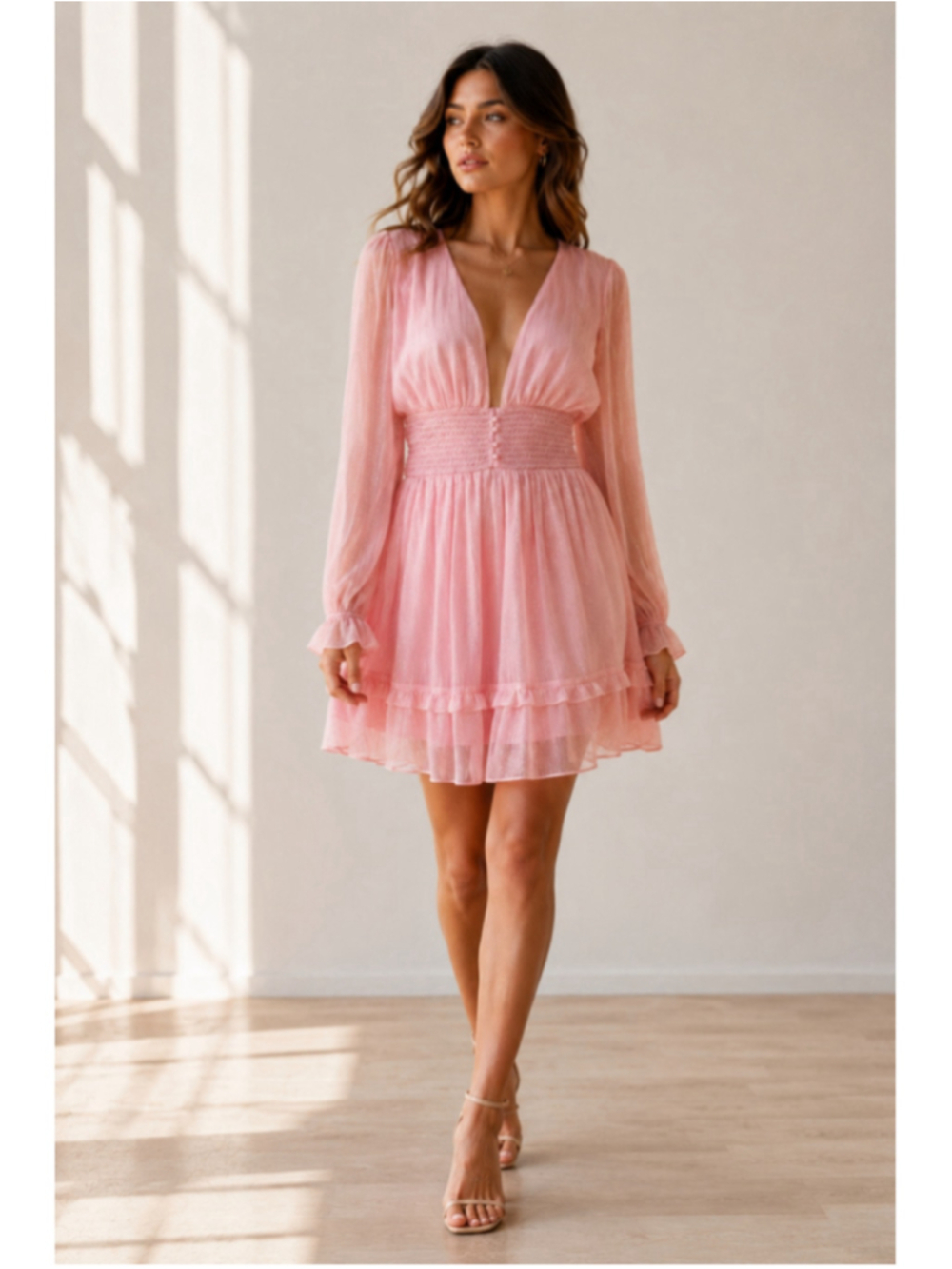 Lovers + Friends Arline Mini Dress M Pink Metallic Stripe Smocked NWOT
